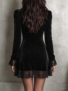 SHEIN Women's Velvet & Contrast Lace Elegant Short Dress - Black - View 2