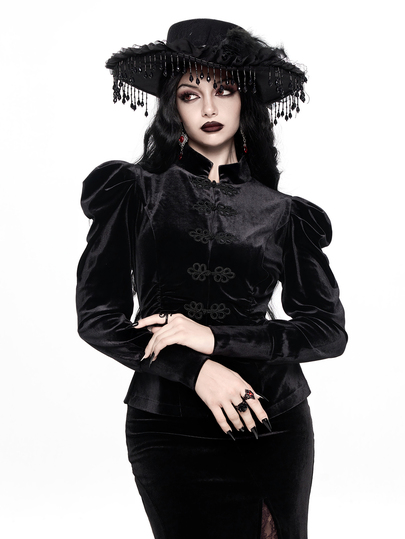 Goth جاكيت مخملي عتيق بقصة ضيقة وأكمام ججوت وتصميم أزرار فرود وياقة واقفة بأسلوب تشيونغسام صيني جديد قوطي للخريف/الشتاء