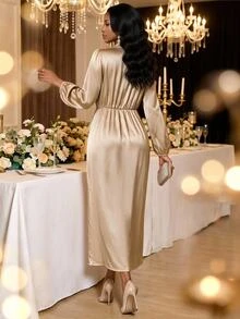 Fleurora Women's French Style Elegant Gentle Satin Split Hem Dress Wedding Party Night Bar Party Champagne Autumn - Apricot - View 2