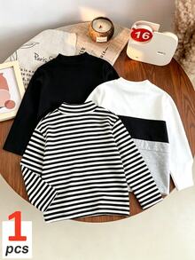 1 RANDOM PCS,Young Boys Striped High Neck Long Sleeve Top Casual Turtleneck T-Shirt,Fall And Winter - Multicolor - View 2