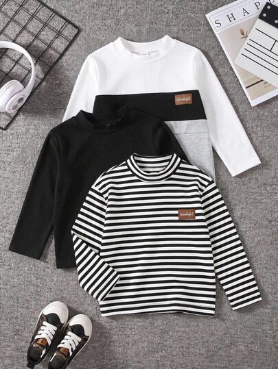 1 RANDOM PCS,Young Boys Striped High Neck Long Sleeve Top Casual Turtleneck T-Shirt,Fall And Winter