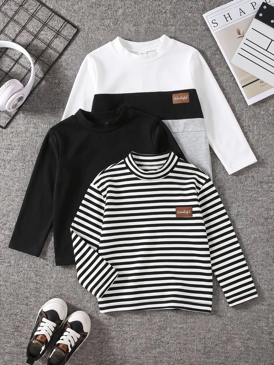 1 RANDOM PCS,Young Boys Striped High Neck Long Sleeve Top Casual Turtleneck T-Shirt,Fall And Winter - Multicolor - View 1