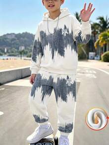 Bộ quần áo thể thao thường ngày cho bé trai tween gồm áo hoodie dài tay và quần dài, họa tiết in tranh mực tiếng Anh, lót giữ nhiệt cho mùa thu/đông - Nhiều màu - Xem 2