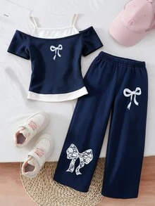 Girls' Fresh Floral Bow Design Print 2 In 1 Off-Shoulder Camisole Short Sleeve T-Shirt And Wide Leg Pants Set - Multicolor - View 5