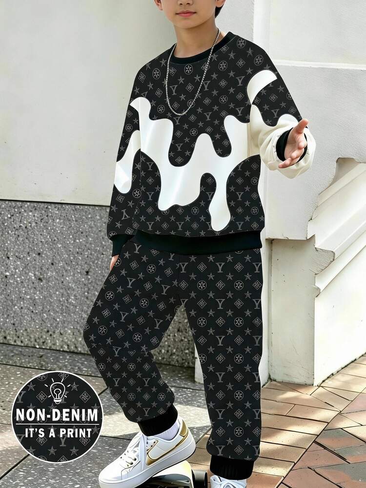 青少年男孩休閒街頭風字母弧形印花落肩圓領衛衣運動長褲兩件套 校園穿搭 黑白灰 秋季 - 彩色 - 查看 2