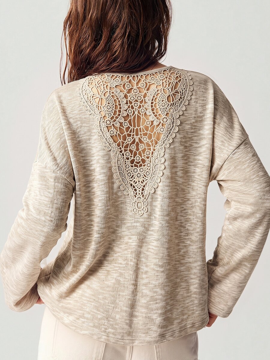 Bohemela Women's French Fashion Lace Patchwork Long Sleeve T-Shirt - Apricot - View 1