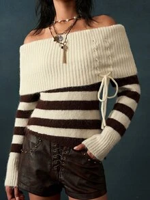 Bohemela Vintage French Elegant Contrast Stripe Cold Shoulder Drawstring Pullover Sweater Brunch Blue And White Striped Autumn - Multicolor - View 5