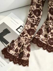Muvela Floral Print Lace Trim Long Sleeve Ruffle Cuff Slim Fit Blouse For Women, Elegant Brown Top, Casual Going Out,Brushed Warmth, Fall/Winter Essentials - Brown - View 5