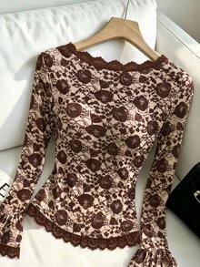 Muvela Floral Print Lace Trim Long Sleeve Ruffle Cuff Slim Fit Blouse For Women, Elegant Brown Top, Casual Going Out,Brushed Warmth, Fall/Winter Essentials - Brown - View 7