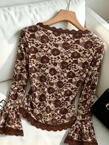 Muvela Floral Print Lace Trim Long Sleeve Ruffle Cuff Slim Fit Blouse For Women, Elegant Brown Top, Casual Going Out,Brushed Warmth, Fall/Winter Essentials - Brown - View 3