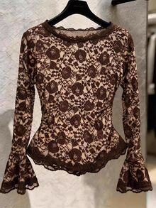 Muvela Floral Print Lace Trim Long Sleeve Ruffle Cuff Slim Fit Blouse For Women, Elegant Brown Top, Casual Going Out,Brushed Warmth, Fall/Winter Essentials - Brown - View 2