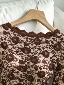 Muvela Floral Print Lace Trim Long Sleeve Ruffle Cuff Slim Fit Blouse For Women, Elegant Brown Top, Casual Going Out,Brushed Warmth, Fall/Winter Essentials - Brown - View 6