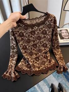 Muvela Floral Print Lace Trim Long Sleeve Ruffle Cuff Slim Fit Blouse For Women, Elegant Brown Top, Casual Going Out,Brushed Warmth, Fall/Winter Essentials - Brown - View 1