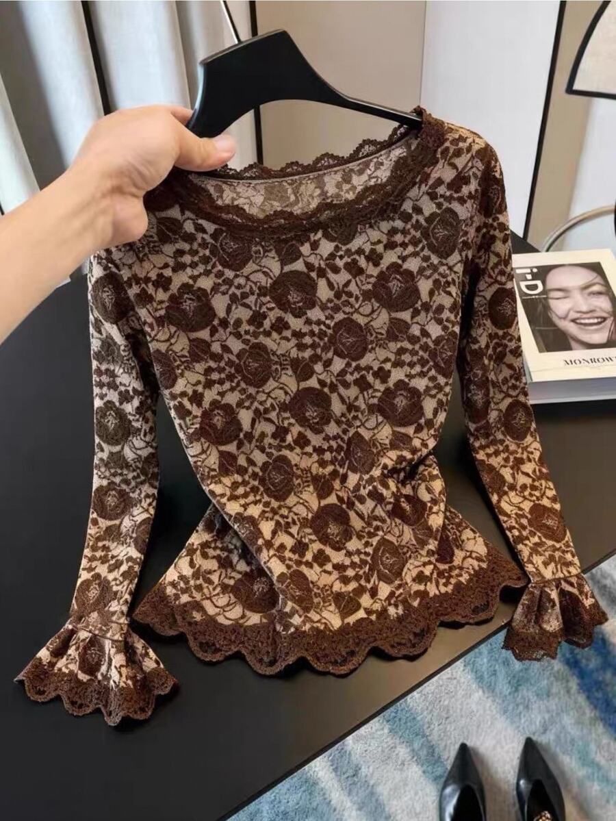 Muvela Floral Print Lace Trim Long Sleeve Ruffle Cuff Slim Fit Blouse For Women, Elegant Brown Top, Casual Going Out,Brushed Warmth, Fall/Winter Essentials - Brown - View 1