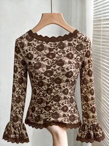 Muvela Floral Print Lace Trim Long Sleeve Ruffle Cuff Slim Fit Blouse For Women, Elegant Brown Top, Casual Going Out,Brushed Warmth, Fall/Winter Essentials - Brown - View 8