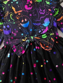 SHEIN 女童少女萬聖節螢光南瓜印花網紗下擺黑色洋裝 秋季洋裝 - 黑色 - 查看 9