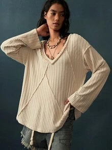 Bohemela Women's Autumn Casual Solid Color Long Sleeve T-Shirt - Apricot - View 1
