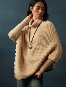 Bohemela 復古極簡休閒高領大翻領貝殼飾邊針織毛衣 旅行色 秋季 - 杏色 - 查看 1