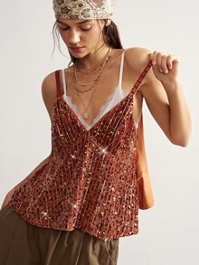 Bohemela Casual Sexy Boho Vacation Sequin Strap Tank Top For Women Party Night Out Brown Striped Summer - Orange - View 5