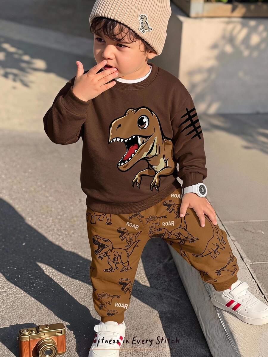小男孩恐龍 T-Rex 圖案圓領運動衫與滿版印花運動長褲 2 件套冬季套裝 - 彩色 - 查看 1