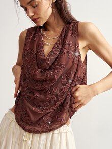 Bohemela Women's Cowl Neck Floral Textured Fashion Romantic Elegant Loose Tank Top Going Out Party Burgundy Summer - Brown - View 5