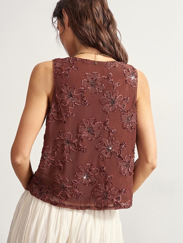 Bohemela Tank Top Longgar Wanita dengan Kerah Cowl dan Motif Bunga - Coklat - View 7