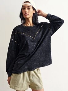 Bohemela Casual Solid Color Knit Crew Neck Long Sleeve Loose Washed Women's Sweatshirt - Black - View 3