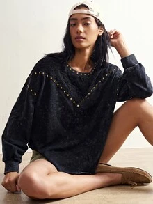 Bohemela Casual Solid Color Knit Crew Neck Long Sleeve Loose Washed Women's Sweatshirt - Black - View 2