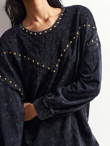 Bohemela Casual Solid Color Knit Crew Neck Long Sleeve Loose Washed Women's Sweatshirt - Black - View 1