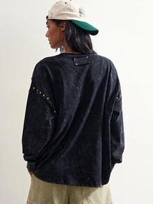 Bohemela Casual Solid Color Knit Crew Neck Long Sleeve Loose Washed Women's Sweatshirt - Black - View 5