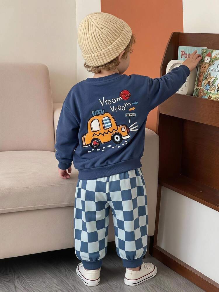 Young Boys Car Graphic Checkerboard Crewneck Fleece Sweatshirt And Sweatpants 2 Pieces Fall Outfit Set Winter - Multicolor - View 1