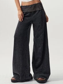 Bohemela Women's Fashion Lace Patchwork Long Pants For Daily Wear - Black - View 2