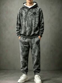 Teen Boys Minimalist Personalized Fallen Leaf & Special Letter Print Casual Hoodie & Sweatpants Set, Suitable For Outings And Sports, Autumn/Winter - Multicolor - View 3