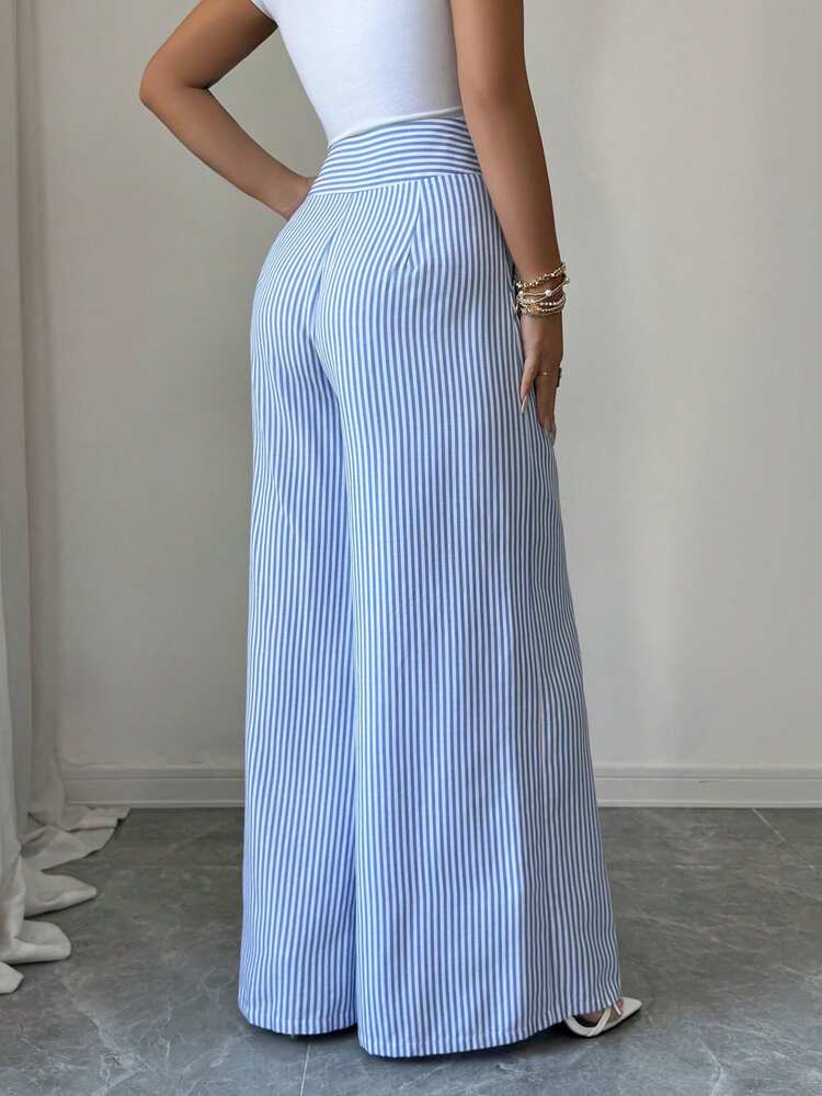 Elenzga Women's Elegant Blue And White Stripe Linen Pants,Summer High-Waisted Straight Leg Loose Casual Trousers For Vacation,Brunch Korean Style Fashion - Blue and White - View 6