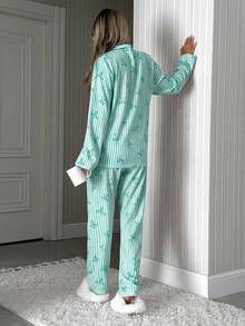 SHEIN Cottnline PLUS SIZE Women 2 Pcs Button Front With Striped&Bot Pattern Homewear Cute Pajama Set - Green - View 3