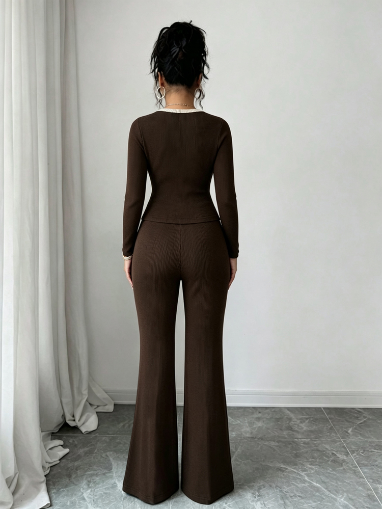 Elenzga Dark Brown Ribbed V-Neck Button-Down Cinched Waist Long Sleeve Top & Mid-Waist Drapey Flared Pants Casual Women 2 Pieces Set - Multicolor - View 8