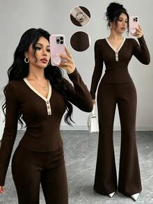 Elenzga Dark Brown Ribbed V-Neck Button-Down Cinched Waist Long Sleeve Top & Mid-Waist Drapey Flared Pants Casual Women 2 Pieces Set - Multicolor - View 2