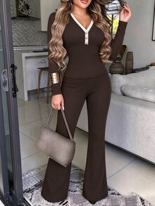Elenzga Dark Brown Ribbed V-Neck Button-Down Cinched Waist Long Sleeve Top & Mid-Waist Drapey Flared Pants Casual Women 2 Pieces Set - Multicolor - View 4