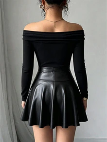 SHEIN PETITE Autumn/Winter New French Sexy Chic Elegant Fashion Knit Elastic Glossy Fabric Design Off Shoulder Pleated Slim Fit Flattering T-Shirt + Elastic Waist Flare Short Skirt Women 2pcs Set Versatile Wear - Black - View 8
