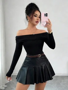 SHEIN PETITE Autumn/Winter New French Sexy Chic Elegant Fashion Knit Elastic Glossy Fabric Design Off Shoulder Pleated Slim Fit Flattering T-Shirt + Elastic Waist Flare Short Skirt Women 2pcs Set Versatile Wear - Black - View 4