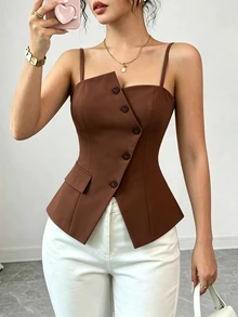 Elenzga 2025 New Blue Asymmetric Design Fashionable Versatile Commuting Casual Cinched Waist Camisole - Brown - View 3