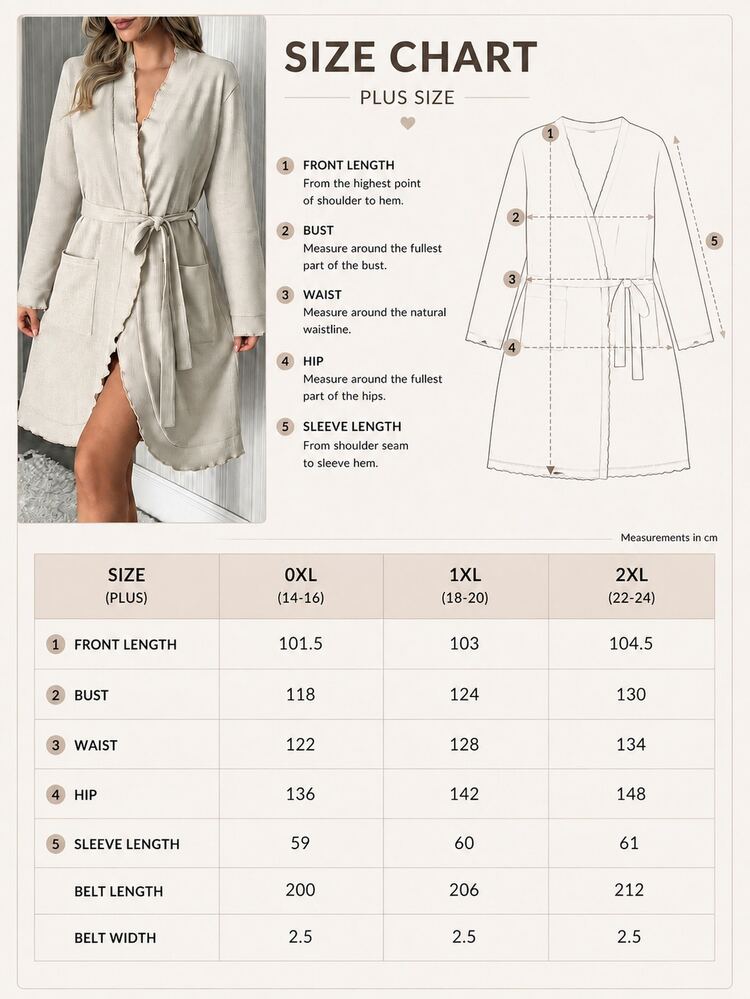 SHEIN Cottnline PLUS SIZE Women Cotton Waffle Rib Knit With Pocket&Ruffle Detail Belted Homewear Comfort Lounge Set - Beige - View 4