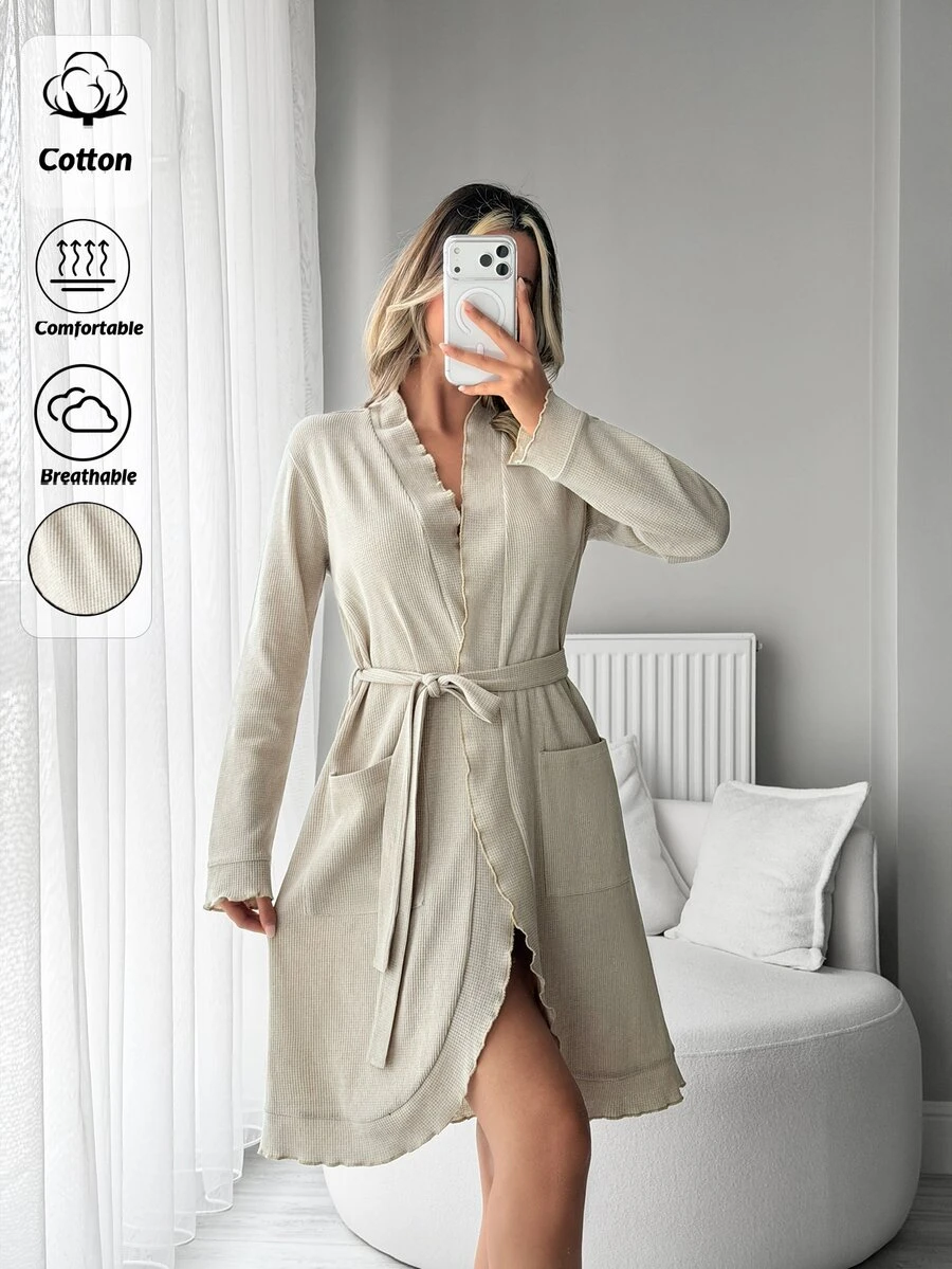 SHEIN Cottnline PLUS SIZE Women Cotton Waffle Rib Knit With Pocket&Ruffle Detail Belted Homewear Comfort Lounge Set - Beige - View 1