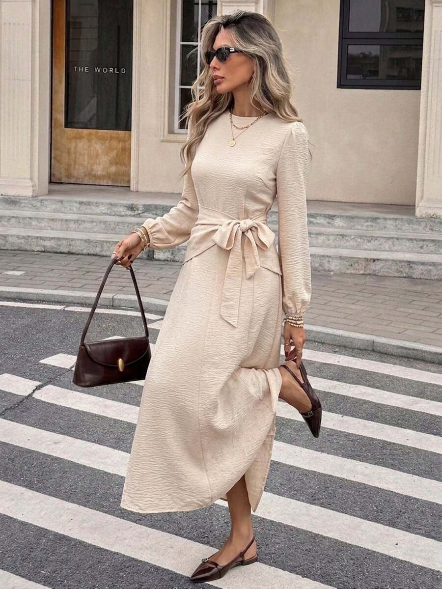 Serisse Women's Textured Solid Color Round Neck Puff Sleeve Waist Knot Elegant Dress,The Included Headscarf Allows For Two Different Outfit Options - Apricot - View 1
