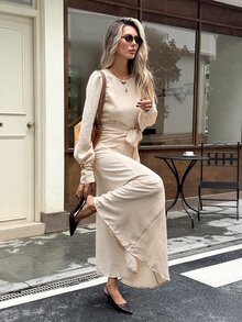 Serisse Women's Textured Solid Color Round Neck Puff Sleeve Waist Knot Elegant Dress,The Included Headscarf Allows For Two Different Outfit Options - Apricot - View 7