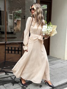 Serisse Women's Textured Solid Color Round Neck Puff Sleeve Waist Knot Elegant Dress,The Included Headscarf Allows For Two Different Outfit Options - Apricot - View 9