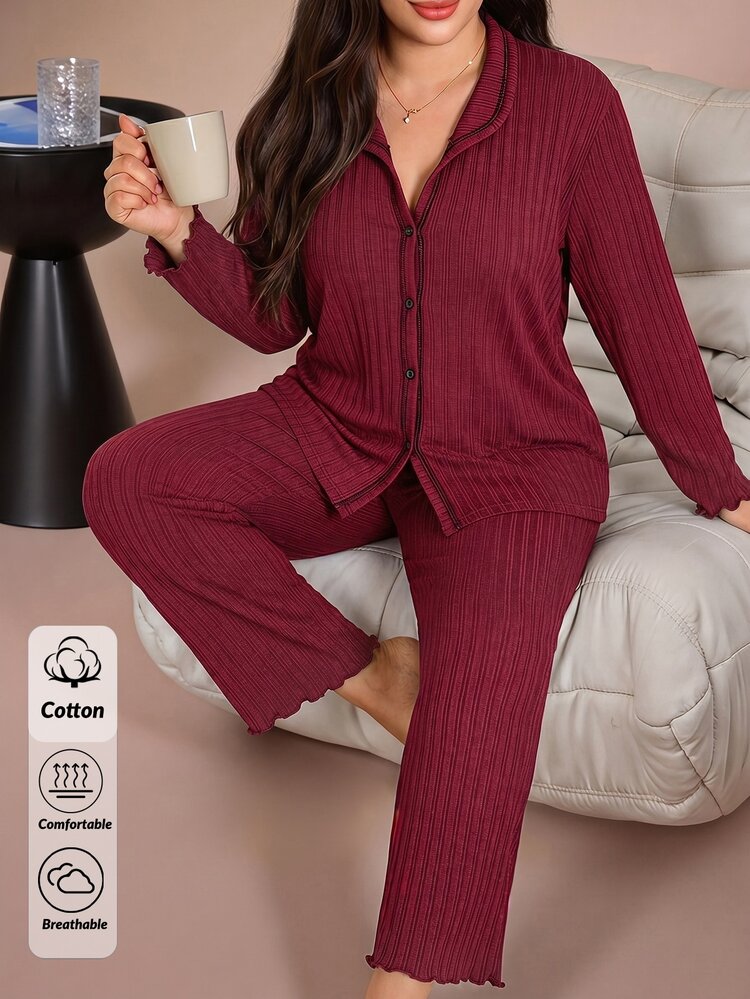 SHEIN Cottnline PLUS Size Women 2 Pcs Cotton Rib Knitted Burgundy Contrast Colour Button Front Detail Long Sleeved&Long Pants Homewear Comfort Casual Comfort Pajama Set - Burgundy - View 7
