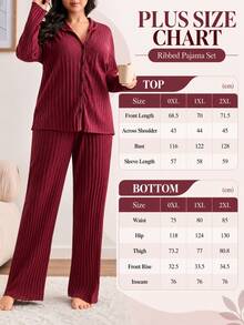SHEIN Cottnline PLUS Size Women 2 Pcs Cotton Rib Knitted Burgundy Contrast Colour Button Front Detail Long Sleeved Long Pants Homewear Night Bridal Comfort Pajama Set - Burgundy - View 4