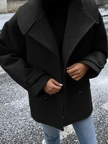 SHEIN Teen Girl Black Oversized Collar Short Thick Overcoat (Frenchy Style), Versatile All-Match Piece, Suitable For Casual Streetwear And Various Occasions, Perfect For Back To School Season, Autumn/Winter Essential Outfit, Halloween - Black - View 9