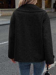 SHEIN Teen Girl Black Oversized Collar Short Thick Overcoat (Frenchy Style), Versatile All-Match Piece, Suitable For Casual Streetwear And Various Occasions, Perfect For Back To School Season, Autumn/Winter Essential Outfit, Halloween - Black - View 5